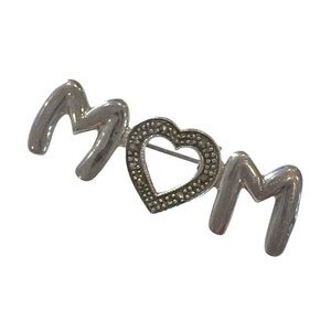 Sterling Silver MOM Brooch Pin Heart  Marcasite Accents Vintage 925